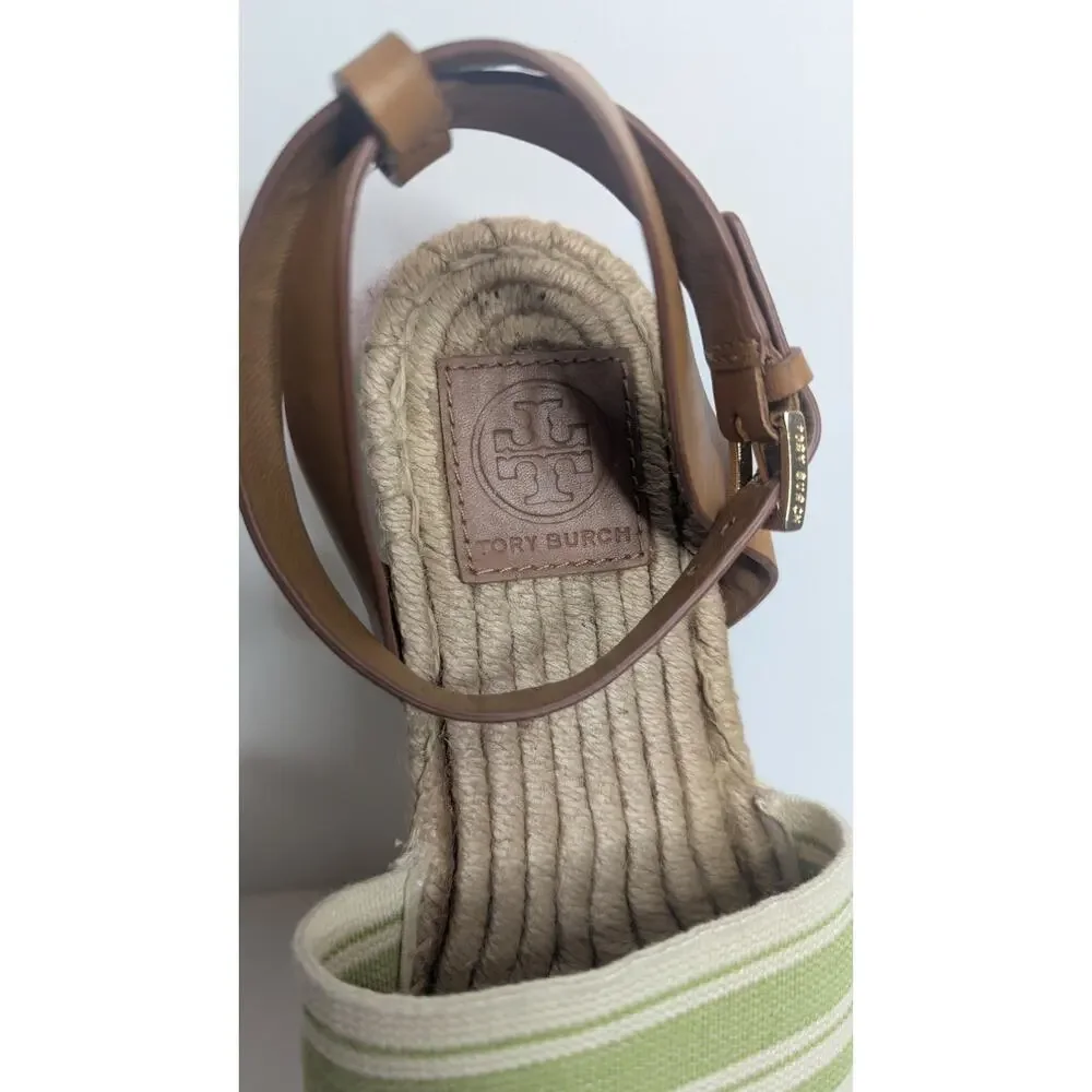 Tory Burch green white canvas summer Espadrille strappy sandals size 7.5